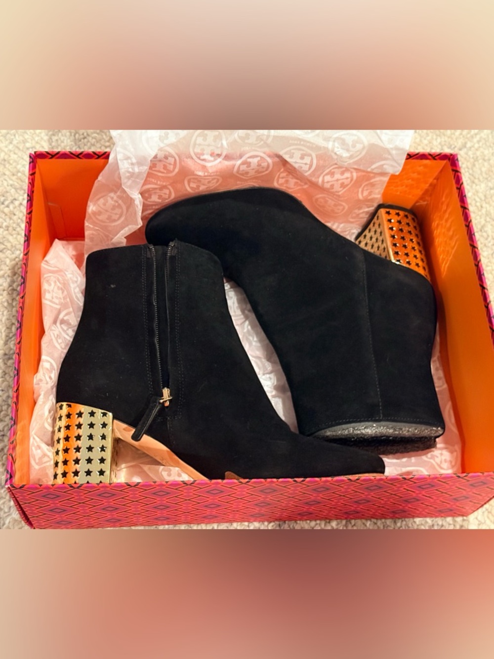 Tory Burch Olympia 70mm Kid Suede Bootie Black Size 7 Gold star heel